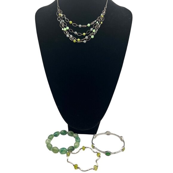 Vintage Multi-Strand Necklace & Bracelets Set - Green & Silver - Picture 1 of 8